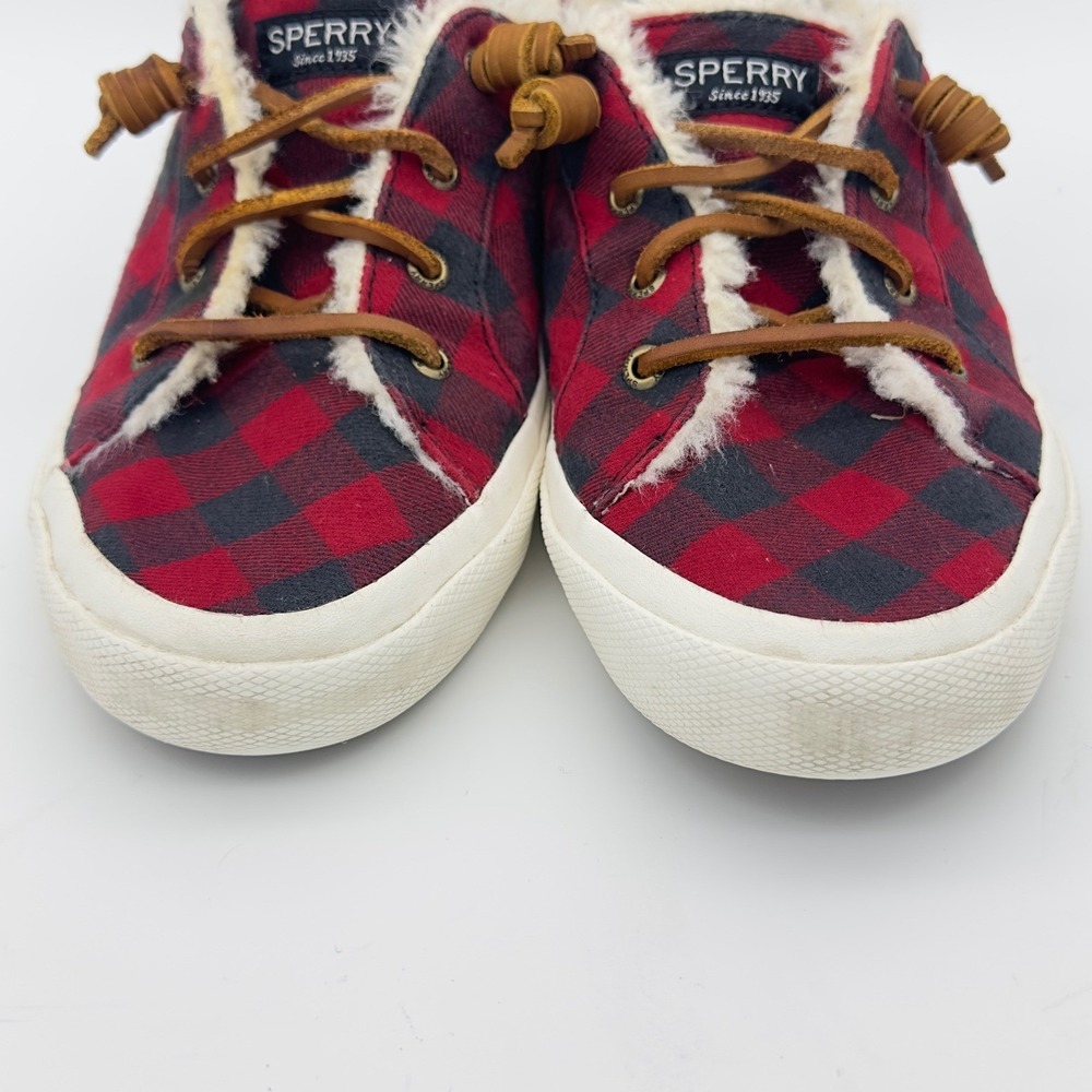 Sperry Red Black Plaid Check Shearling Lined Sneakers W‎ 9.5 Camp Cottage Forest - Picture 3 of 10